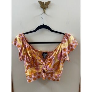 Angie Crop Top Womens Small Yellow NWT Floral Paisley Boho Flutter Sleeve Retro